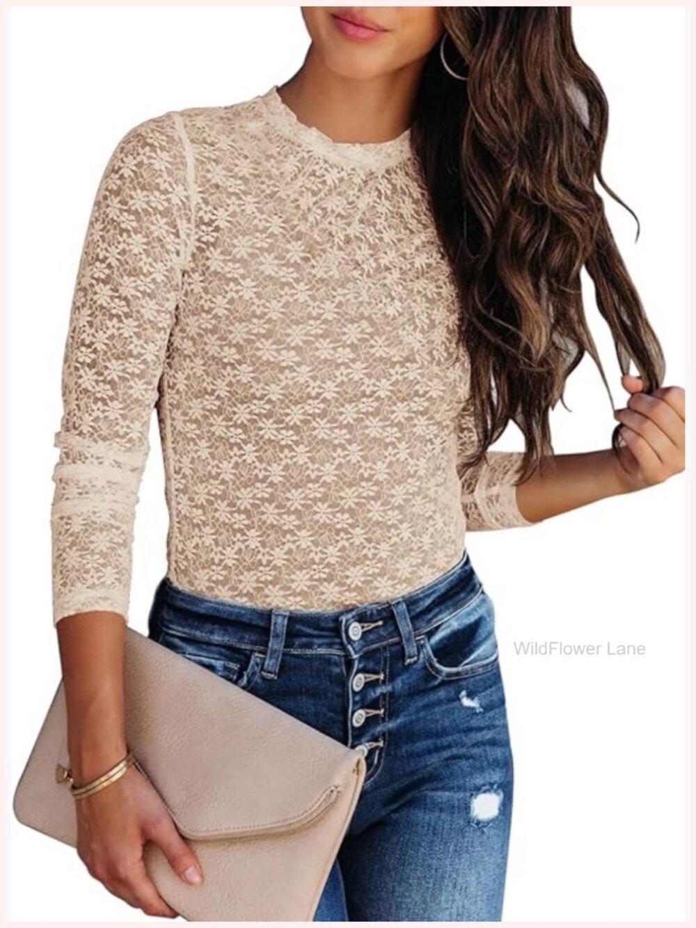Sheer Lace Long Sleeve Mesh Tunic Blouse Mock Neck Floral Crochet Top Layering